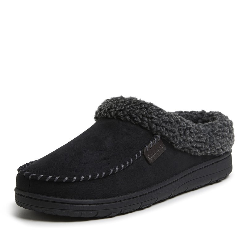 Dearfoams Men's Brendan Microfiber Suede Clog Slipper, Black (Whipstitch), Small